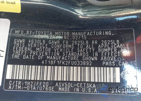 2015 Toyota Camry Se из США, поврежденный, VIN 4T1BF1FK2FU033892